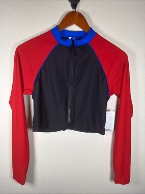Sports Illustrated Cropped Rash Guard Black Red Blue M Zip Up Long Sleeve Swim